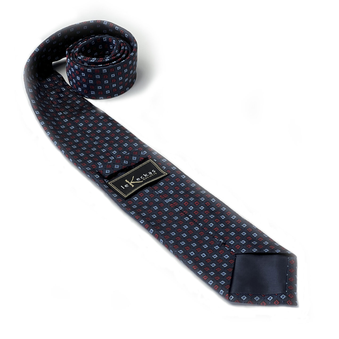 tamsiai mėlynas kaklaraištis su melvu, rausvu raštu