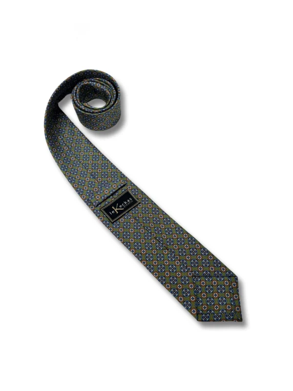 Natūralaus šilko žalias kaklaraištis su mėlynais ir oranžiniais ornamentais, Natūralaus šilko kaklaraištis, šilkinis kaklaraištis, vyriškas kaklaraištis, kaklaraištis, vyriški aksesuarai