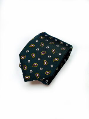 Natūralaus šilko tamsiai žalias kaklaraištis su peislio raštu